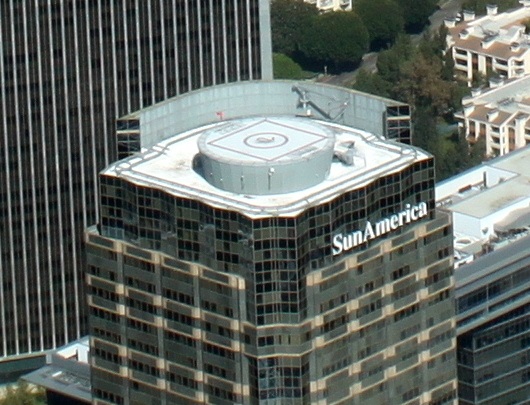  An aerial view of the helipad atop the Sun America office building in Century City, California.